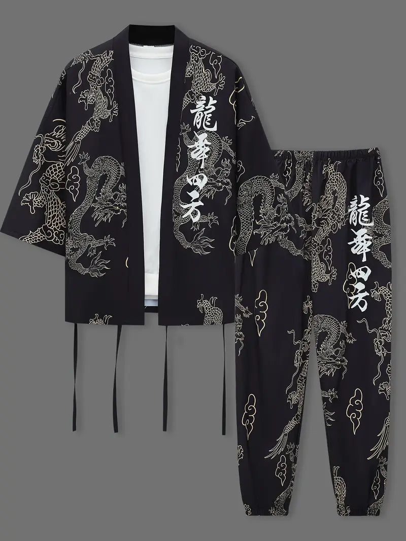 Tenue fantaisie homme kimono – Ensemble traditionnel asiatique avec motifs dragon dorés