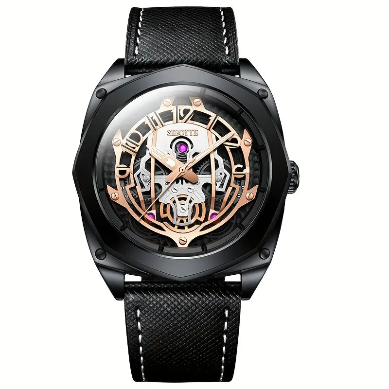 Montre homme automatique squelette – Design mécanique noir et or rose avec bracelet cuir