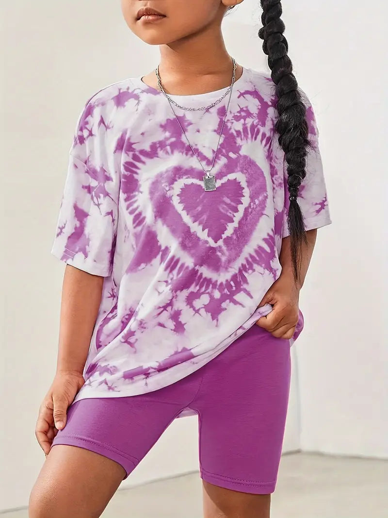 Chemise fille tie-dye violet avec motif cœur – t-shirt tendance et confortable