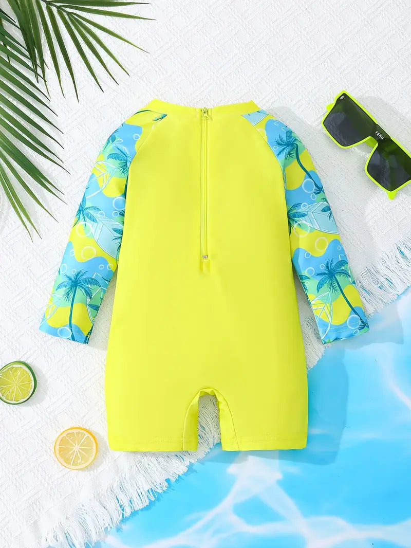 Maillot de bain garçon une pièce anti-UV manches longues – Combinaison de plage jaune et bleue avec imprimé palmier