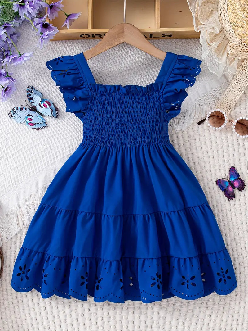 Robe fille bleu roi à volants – Robe d’été élégante avec détails ajourés