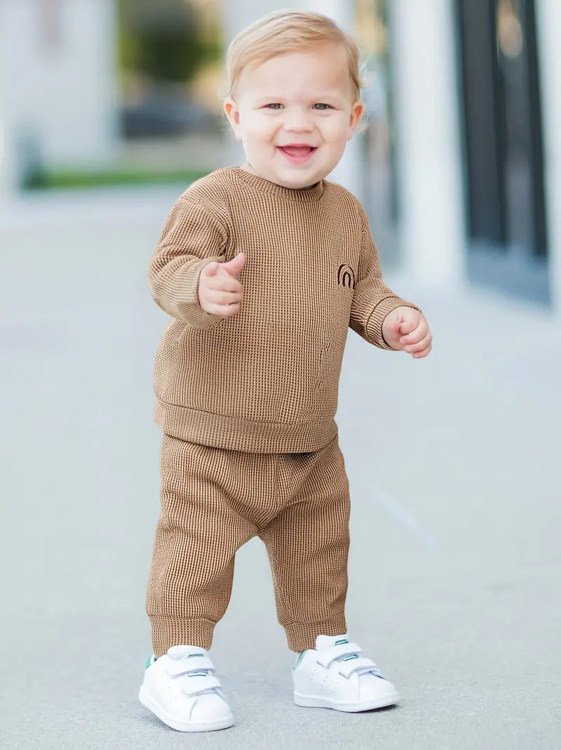 Ensemble Bébé Garçon Confort Côtelé – Tenue 2 Pièces Pull + Pantalon Marron Décontracté
