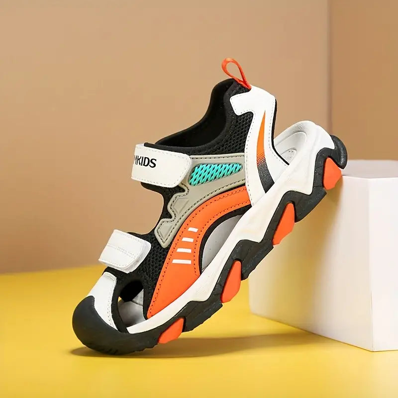 Sandales et pantoufles garçon – Sandales de sport respirantes noir et orange à scratch antidérapantes