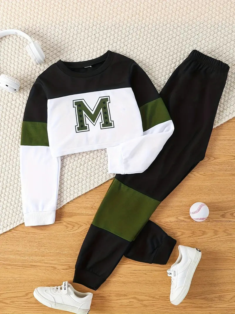 Hauts fille sport – Ensemble sweat crop top à manches longues et pantalon jogging noir et vert