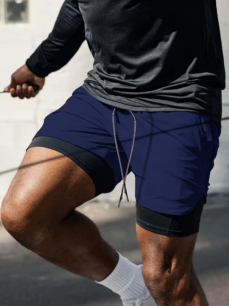 Short de sport homme 2 en 1 – Running, Fitness & Entraînement – Bleu avec cuissard intégré