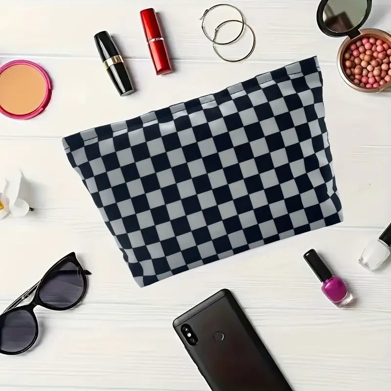 Trousse de toilette imperméable à motifs damier Grande capacité pour voyage et randonnée