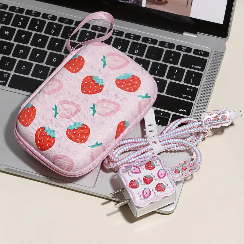 Chargeur Rapide avec Étui de Rangement Motif Fraise – Câble USB Résistant et Design Kawaii