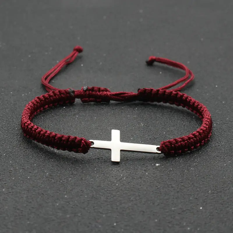 Bracelet homme croix en corde rouge tressée – Bijou religieux ajustable tendance