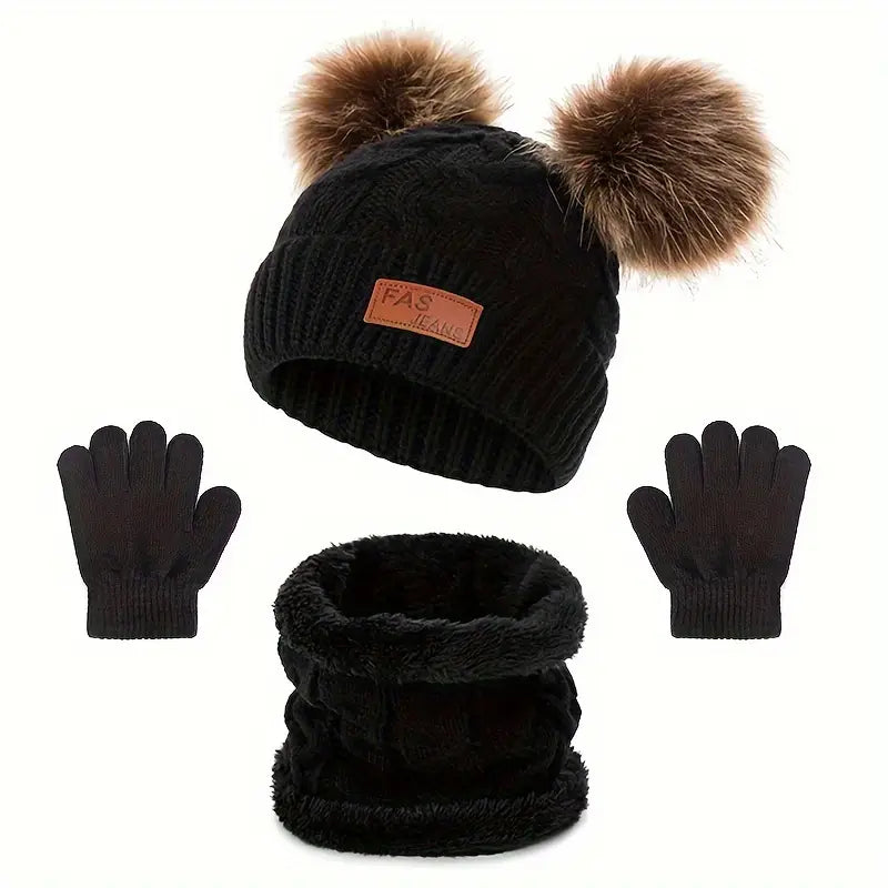 Ensemble Hiver Enfant – Bonnet Pompons Fourrure, Écharpe Tube et Gants Chauds