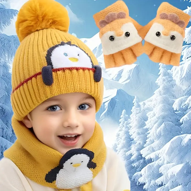 Ensemble Bonnet, Écharpe et Gants Enfant Hiver – Tricot Chaud Motif Pingouin