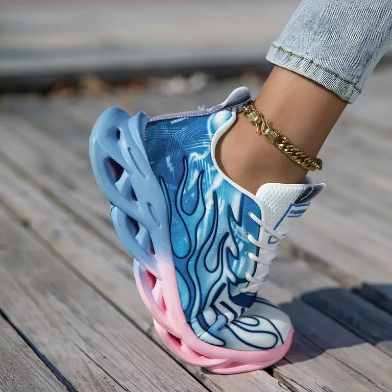Baskets femme noires et blanches à motif flamme – Chaussures de sport tendance, respirantes et confortables