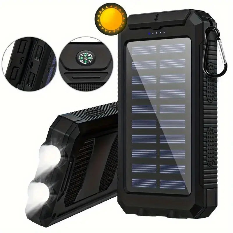 Batterie Externe Solaire 20000mAh – Power Bank avec Lampe Torche LED et Boussole pour Camping et Randonnée