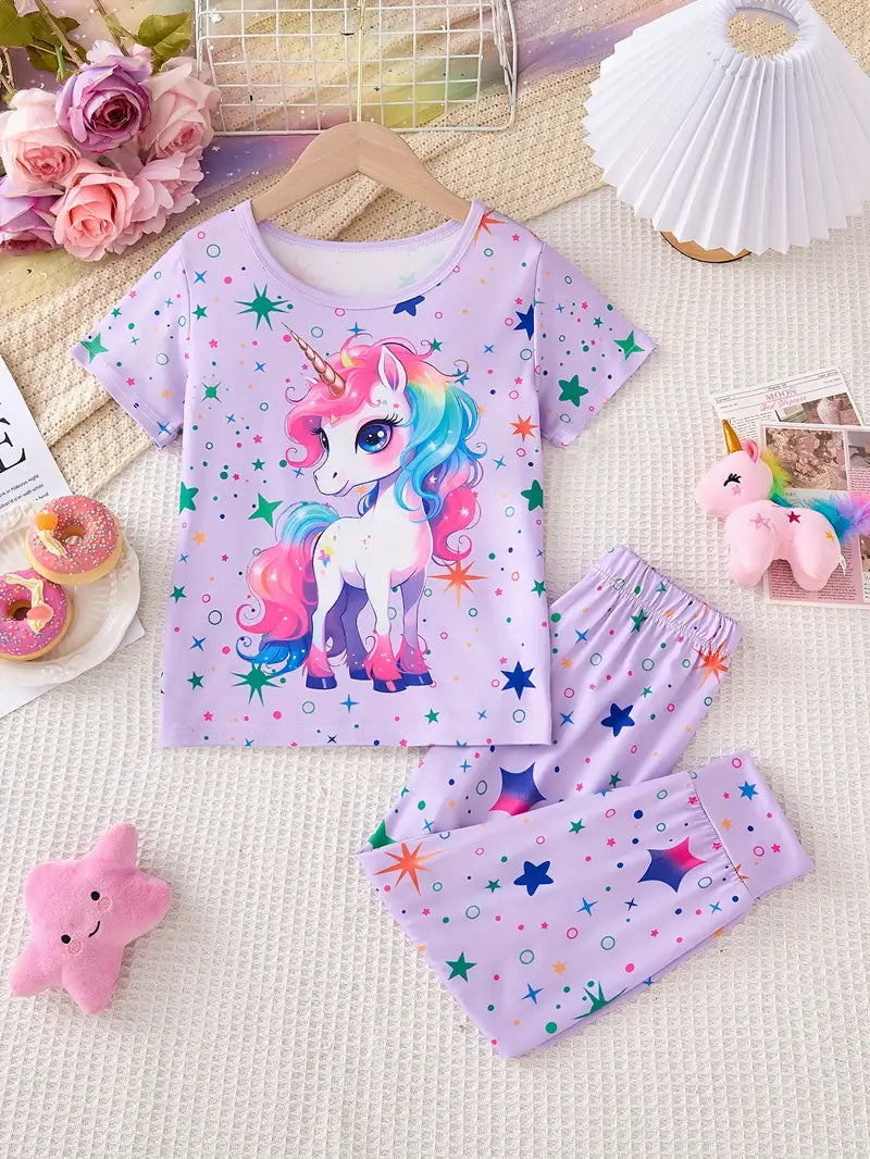 Ensemble fille licorne 2 pièces – T-shirt et pantalon bleu nuit imprimé étoiles