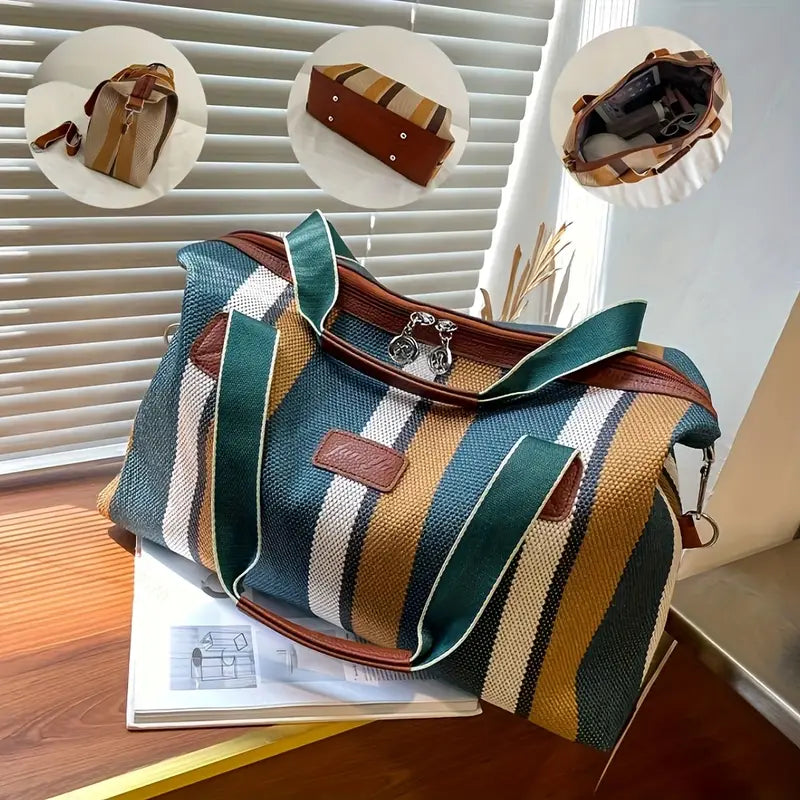 Sac de Voyage Rayé en Tissu Résistant – Cabine Week-End Grande Capacité avec Bandoulière Amovible