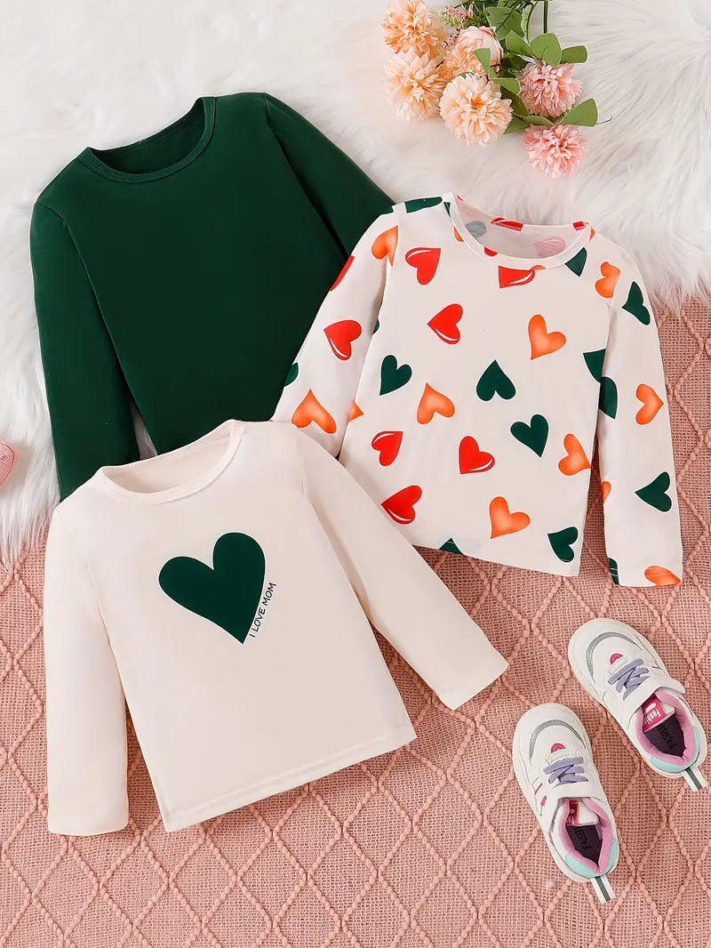 Lot de 3 hauts bébé fille manches longues – motifs cœurs et unis pour toutes saisons