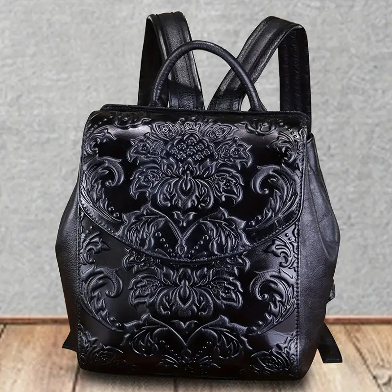 Sac à dos femme en cuir marron gravé – Élégant, vintage et artisanal