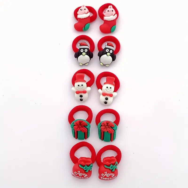 Lot d’Élastiques Cheveux Enfant Motifs de Noël – Accessoires Festifs Père Noël, Pingouin et Ourson