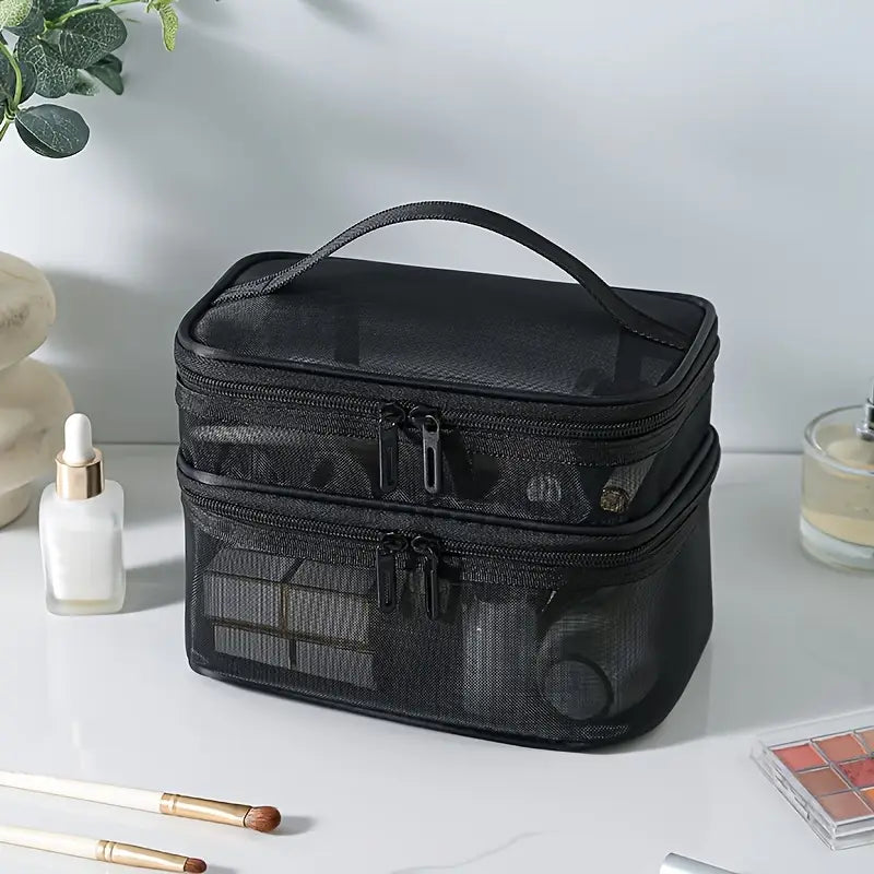 Trousse de Maquillage Transparente à Double Compartiment – Pochette de Rangement Voyage Étanche et Légère