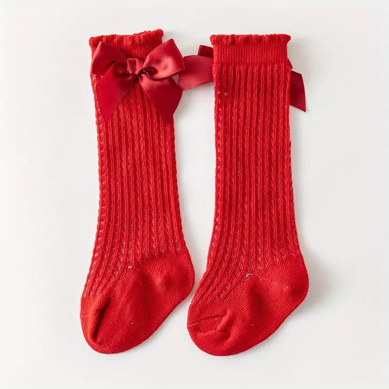 Chaussettes hautes bébé fille – Bas dentelle blanc avec nœud élégant, confortables et respirants pour toutes occasions