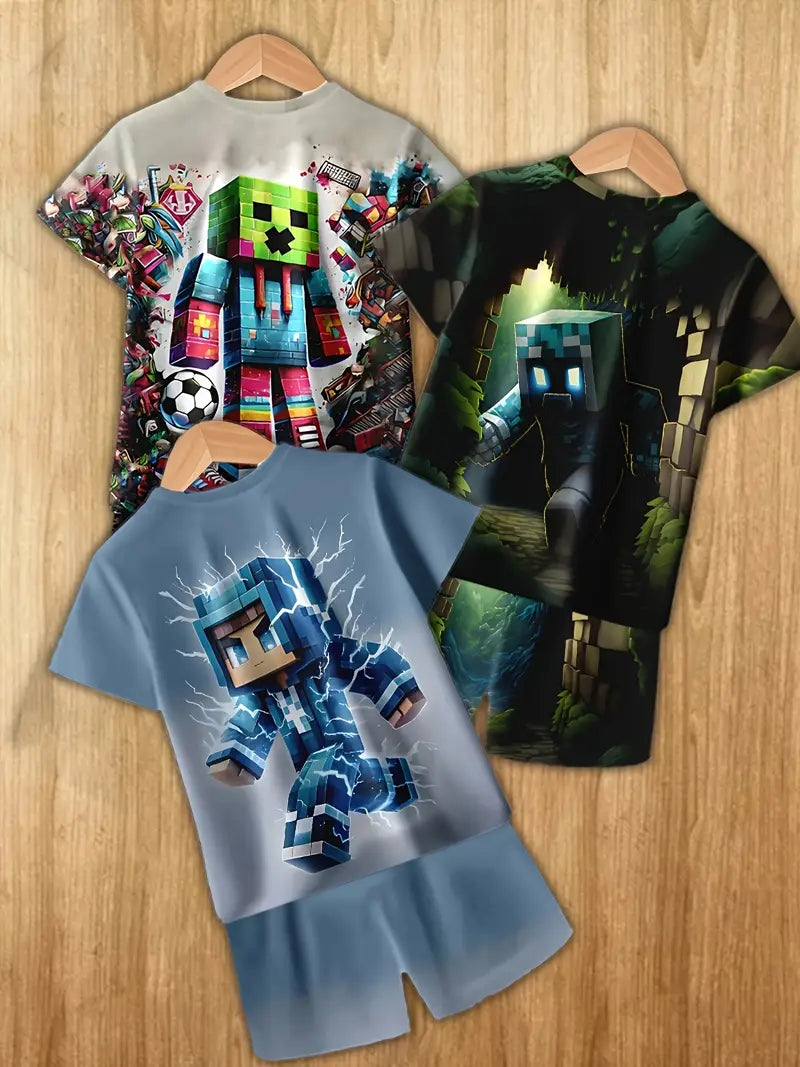 Ensemble garçon été bleu avec chemise imprimé héros pixel – T-shirt et short confortables