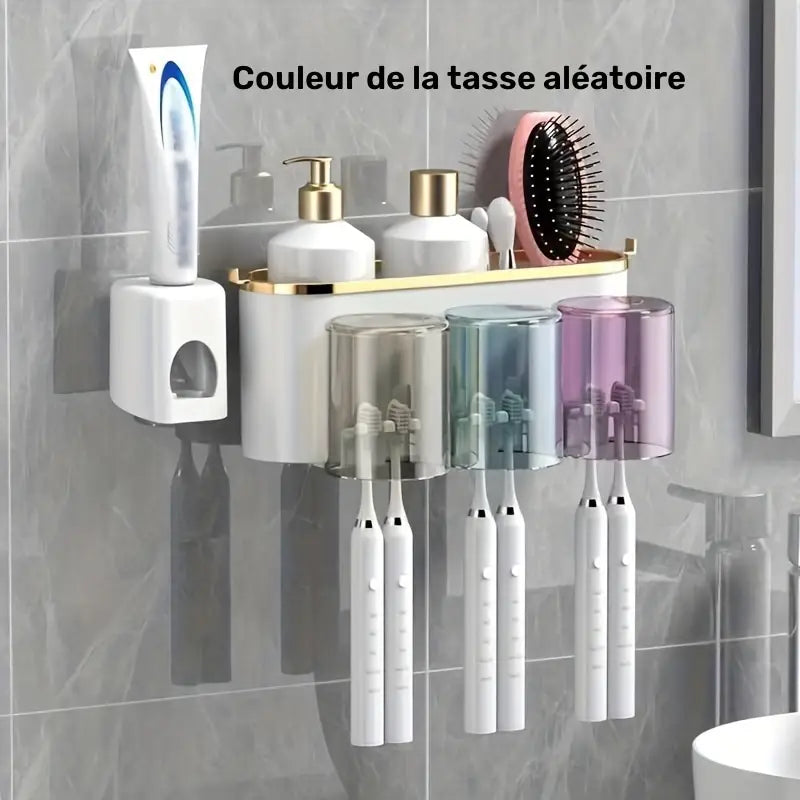 Organisateur Mural Salle de Bain avec Gobelets et Porte-Brosses – Support Multifonction avec Distributeur Dentifrice