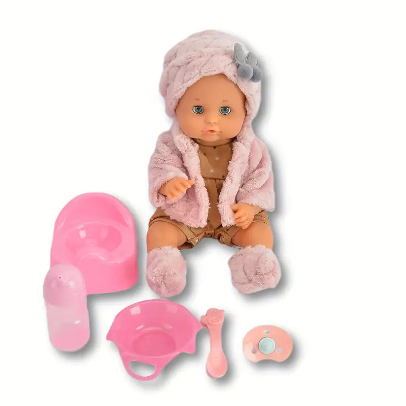 Poupée bébé réaliste 30 cm aux yeux bleus – Habillée en tenue d’hiver rose avec bonnet et chaussons