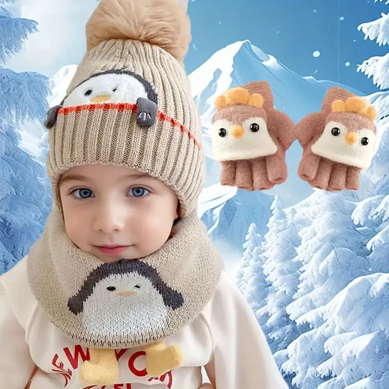 Ensemble Bonnet, Écharpe et Gants Enfant Hiver – Tricot Chaud Motif Pingouin