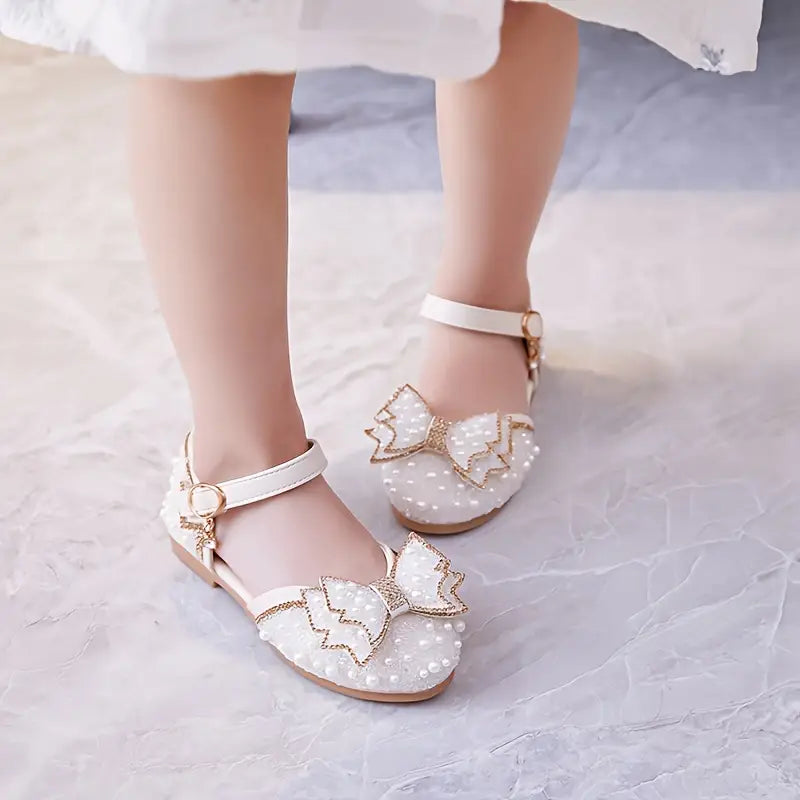 Ballerines fille blanches avec perles et grand nœud – Chaussures élégantes pour mariage, fête et cérémonie