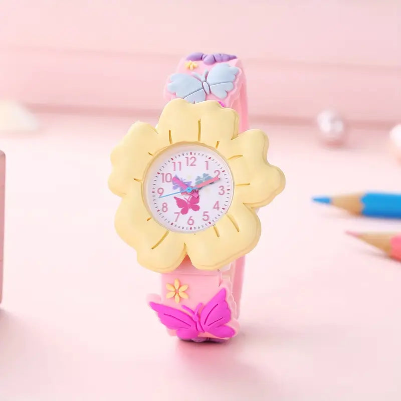 Montre Enfant Fille Fleur Violette et Papillon – Bracelet Silicone Rose, Apprentissage de l’Heure