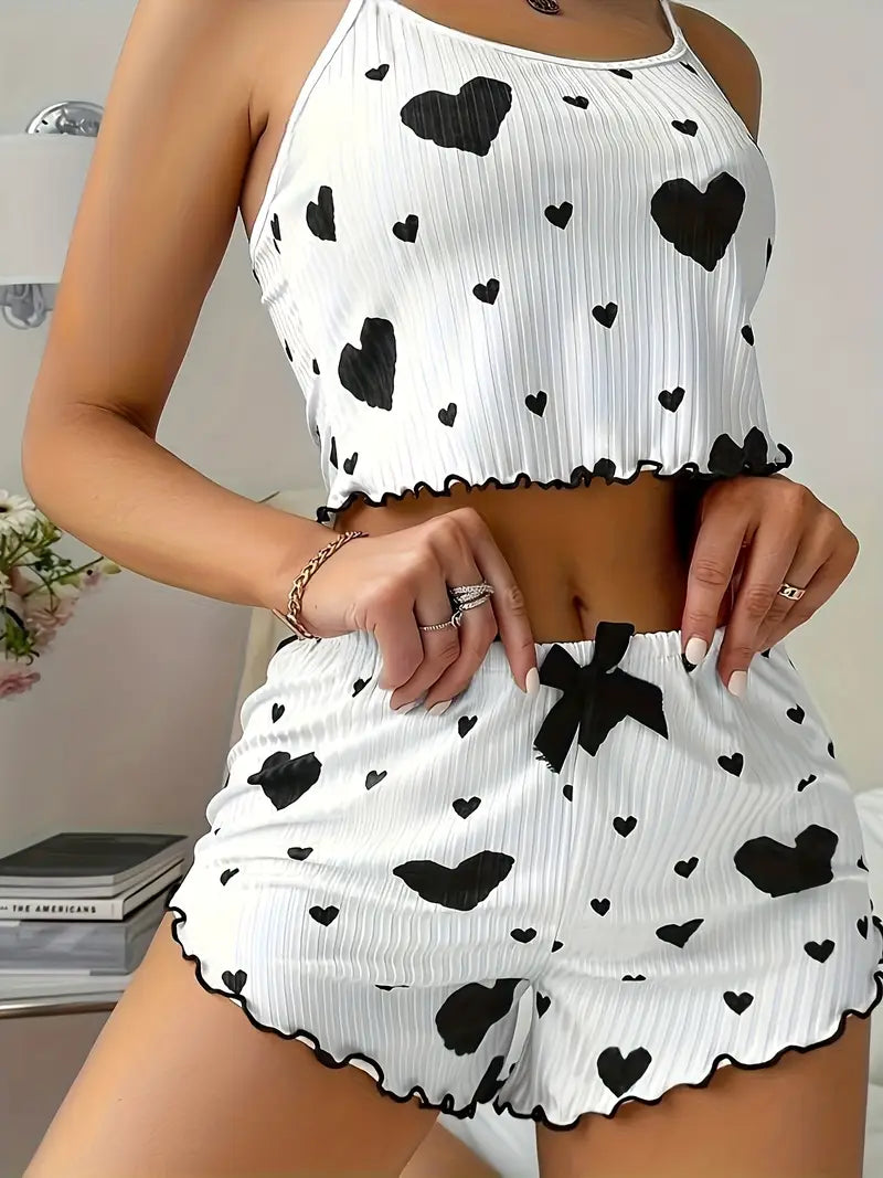 Pyjama Femme Deux Pièces Cœur – Sous-vêtements et Pyjamas Sexy & Confortables avec Débardeur et Short