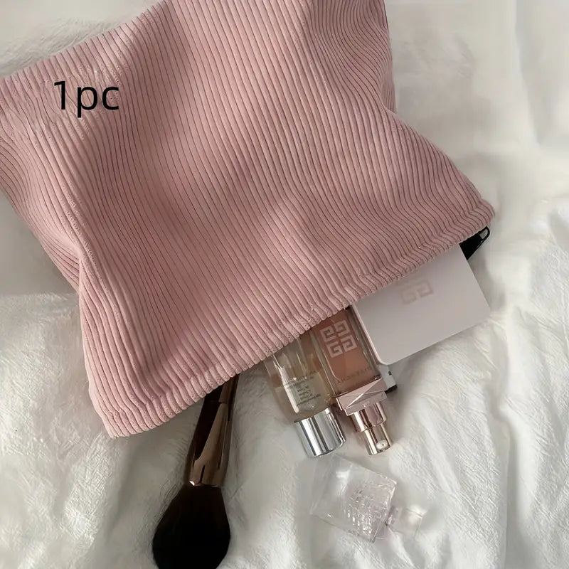 Trousse de maquillage en velours côtelé vert Pochette cosmétique douce, élégante et spacieuse