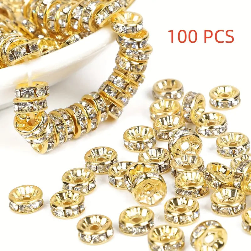 100 Perles Rondelles Strass Argentées – Intercalaires Brillants pour Création de Bijoux DIY