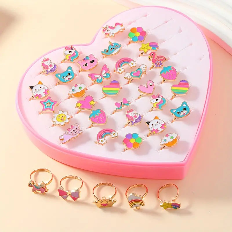 Coffret 36 Bagues Fantaisie Enfant – Bijoux Colorés Licorne, Arc-en-Ciel et Animaux