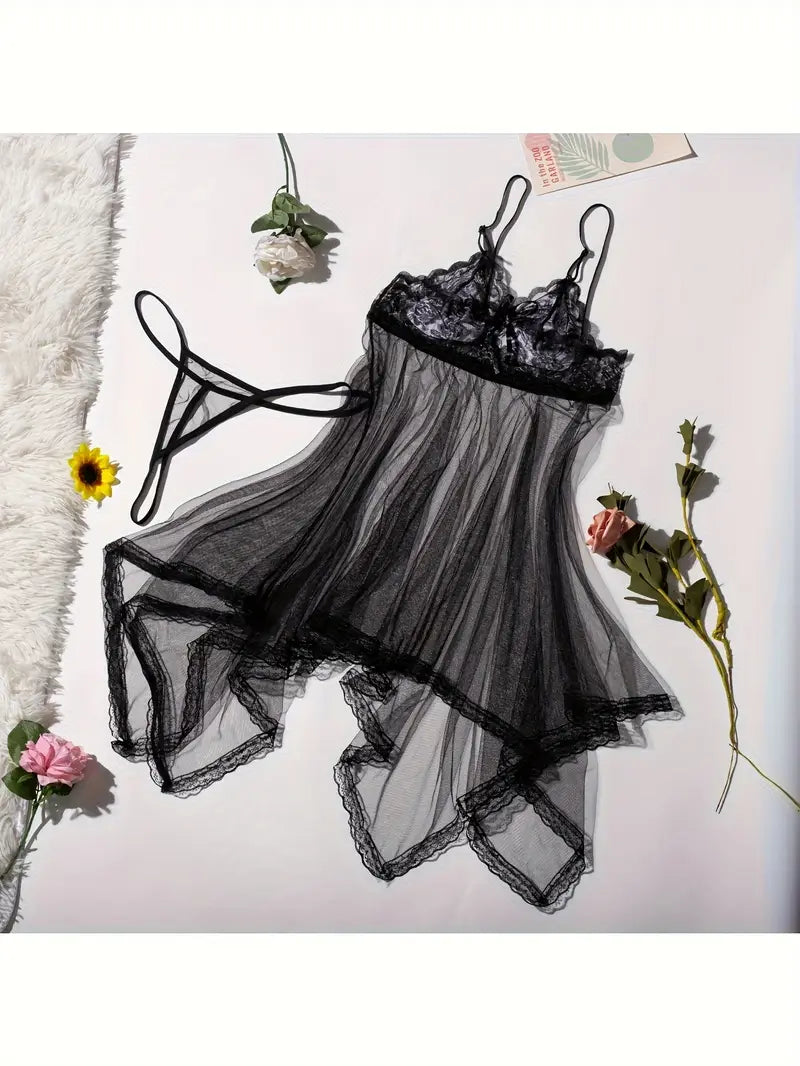 Nuisette Transparente Femme Dentelle Noire – Sous-vêtements et Pyjamas Sexy avec String Assorti