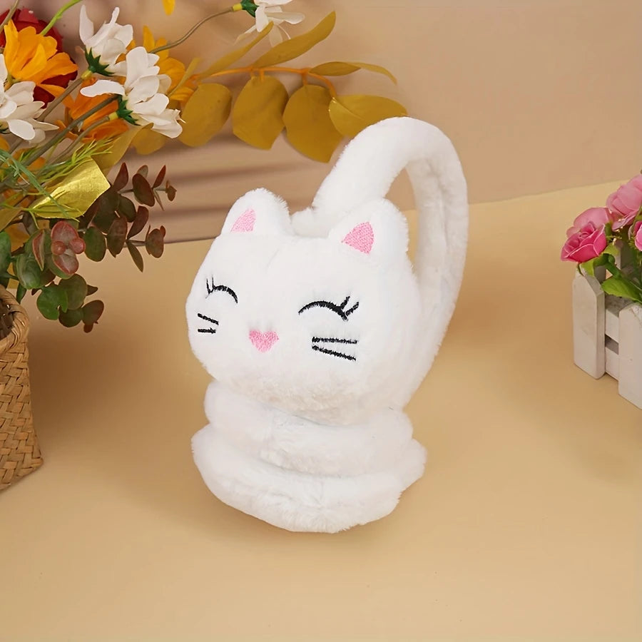 Cache-Oreilles Femme Fantaisie – Design Chat Mignon en Fausse Fourrure Blanche, Doux et Chaud