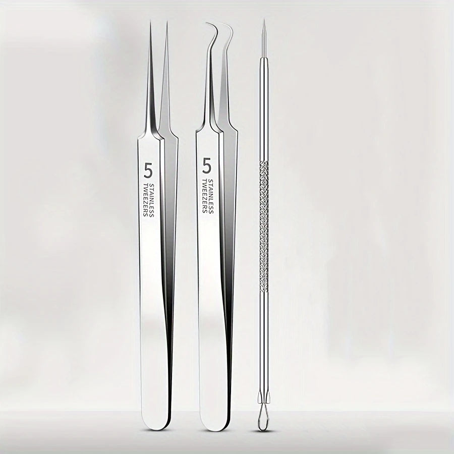 Pince à Épiler Inox Précision + Tire-Comédons – Outils Professionnels pour Soins du Visage, Acné et Cils