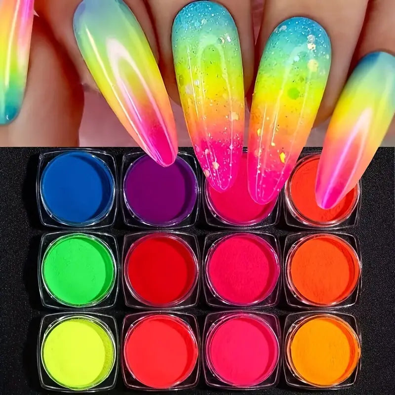 Vernis en Poudre Fluorescent – 12 Couleurs Néon Intenses pour Ongles Dégradés et Nail Art