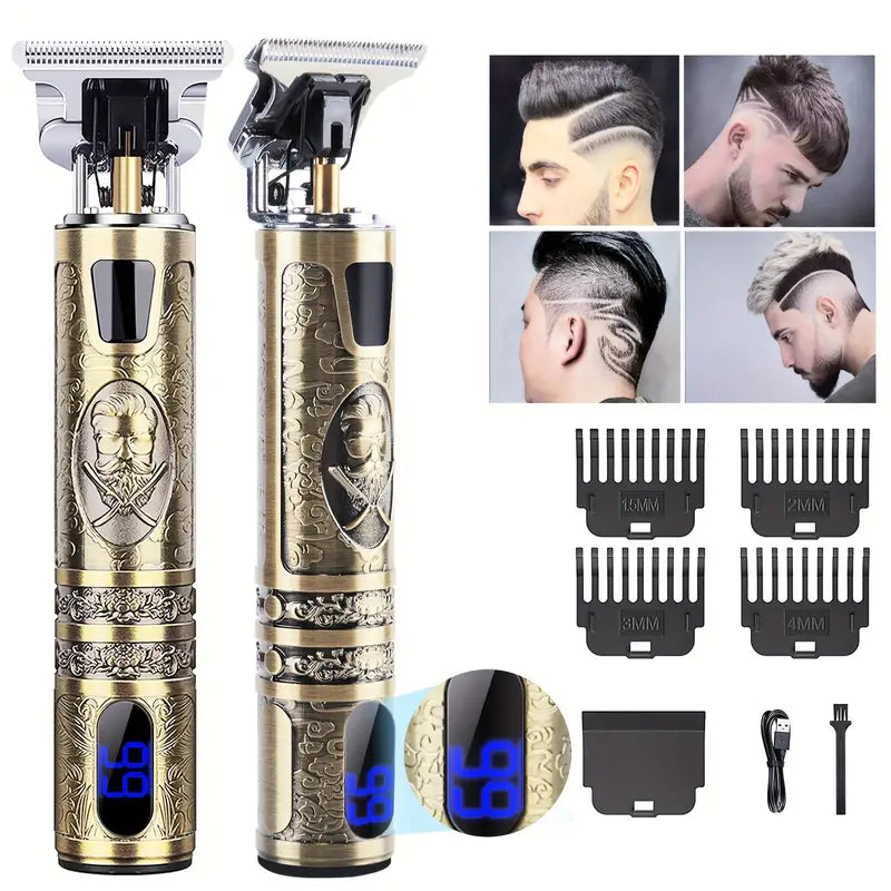 Tondeuse à Cheveux Professionnelle Vintage – Rechargeable USB, Écran LED, 4 Sabots, Idéale pour Dégradés et Barbe