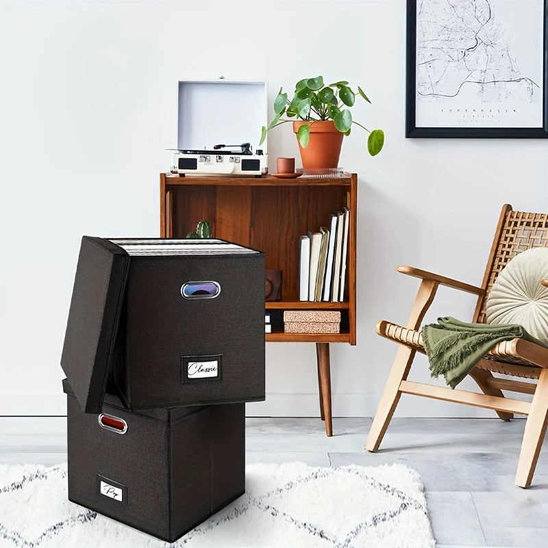 Boîte de Rangement Tissu pour CD et Vinyles – Coffre Pliable avec Poignées & Étiquette