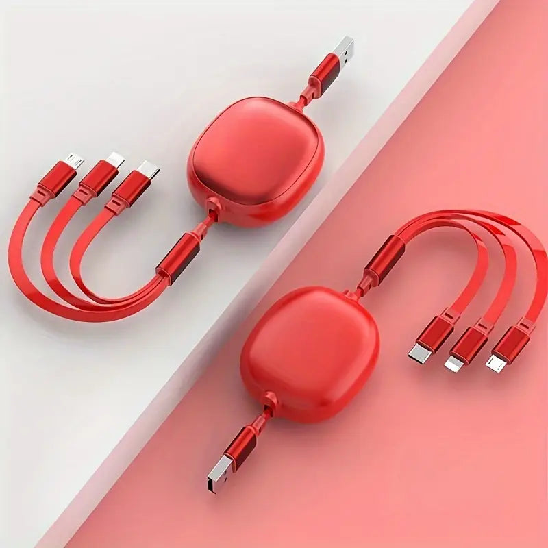 Câble de Charge 4-en-1 Universel Rétractable – USB vers Type-C, Micro USB et Lightning – Design Compact et Élégant