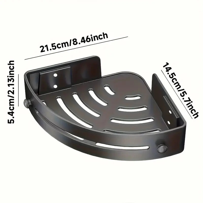 Étagère Murale d’Angle pour Salle de Bain – Rangement Noir Mat en Aluminium, Fixation Sans Perçage