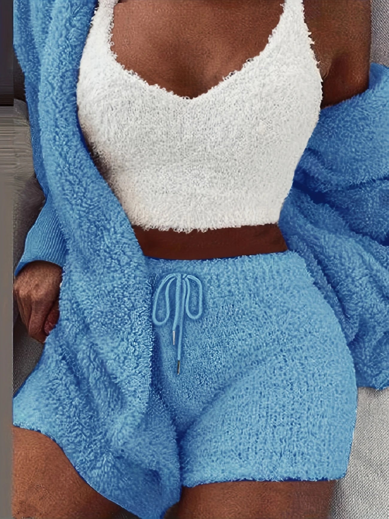 Pyjama Femme 3 Pièces Doudou Ultra Doux – Gilet, Débardeur & Short Cocooning pour Hiver