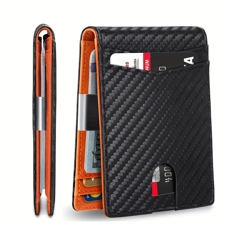 Portefeuille homme cuir noir et orange – Design moderne avec pince à billets et porte-cartes