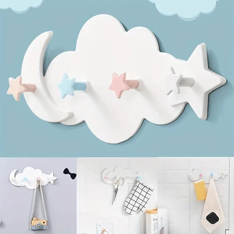 Patère murale nuage et étoiles pour chambre bébé – Porte-manteau décoratif bois pastel