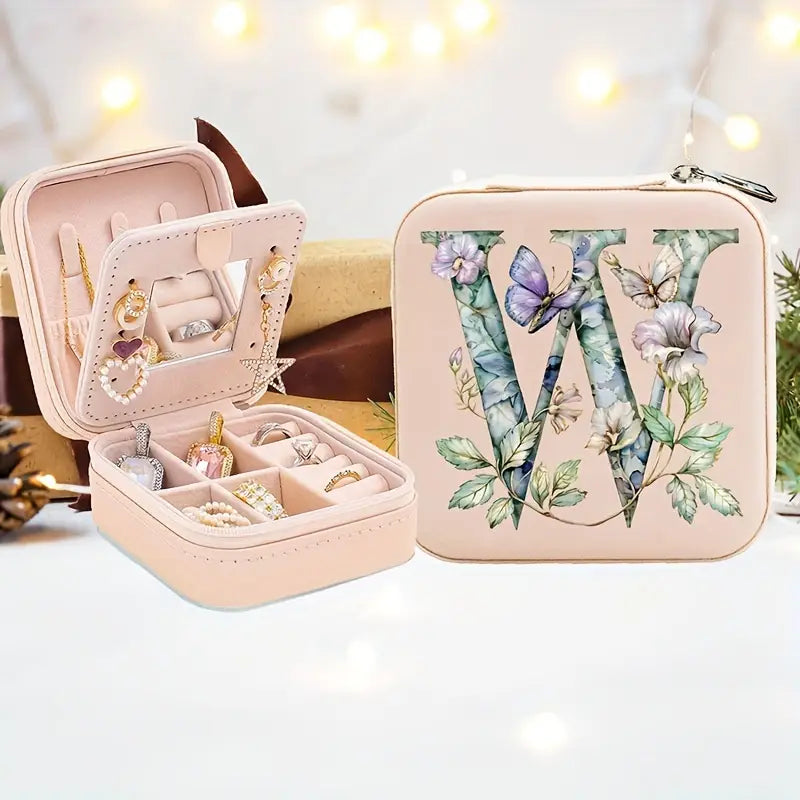 Boîte à bijoux de voyage personnalisée avec initiale florale – Étui compact pour bagues, colliers et boucles d’oreilles