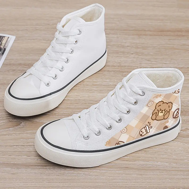 Chaussures de sport fille – Baskets montantes blanches avec motif ourson kawaii confortables et tendance