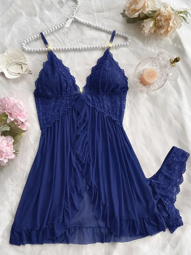 Nuisette Femme Dentelle et Volants – Sous-vêtements et Pyjamas Sexy & Élégants avec String Assorti