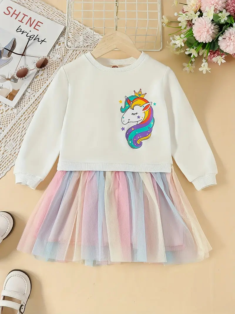 Robe fille licorne blanche avec jupe tutu arc-en-ciel – Tenue féérique et colorée