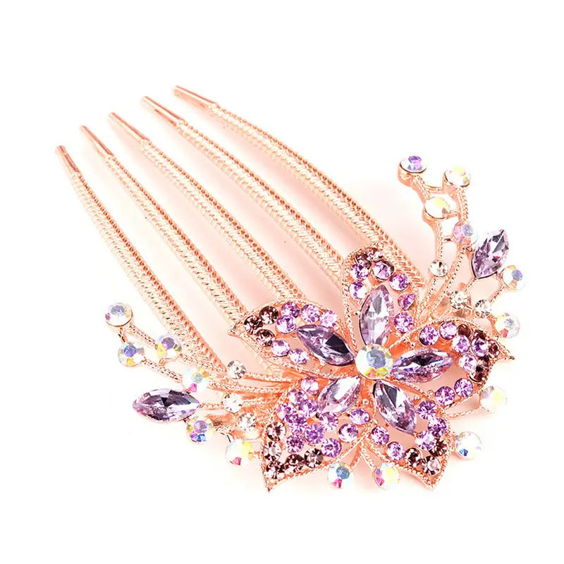 Peigne cheveux mariée papillon doré avec strass violets – Accessoire élégant de coiffure