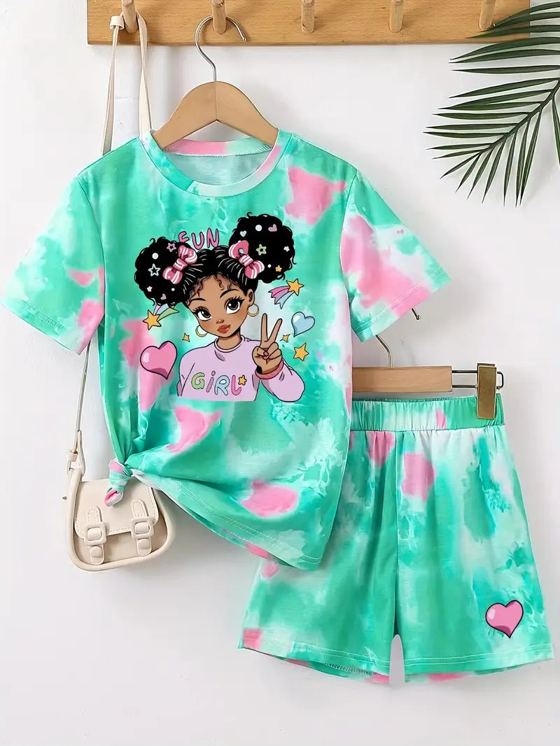 Chemise fille tie and dye vert et rose avec imprimé cœur – style tendance et coloré